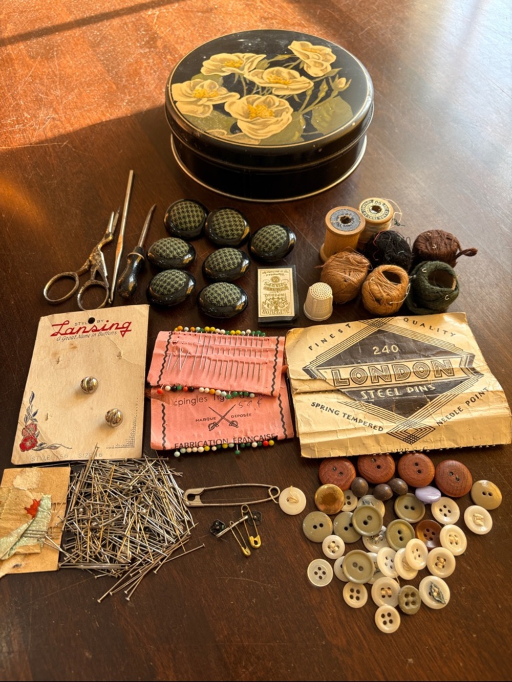 Vintage Floral Tin Sewing Kit with Notions